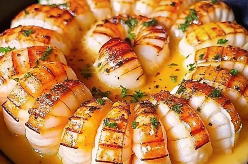 Golden, oven-baked garlic butter lobster tails arranged in a skillet, topped with fresh parsley and served in a rich, buttery sauce.
