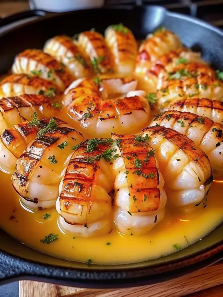 Golden, oven-baked garlic butter lobster tails arranged in a skillet, topped with fresh parsley and served in a rich, buttery sauce.