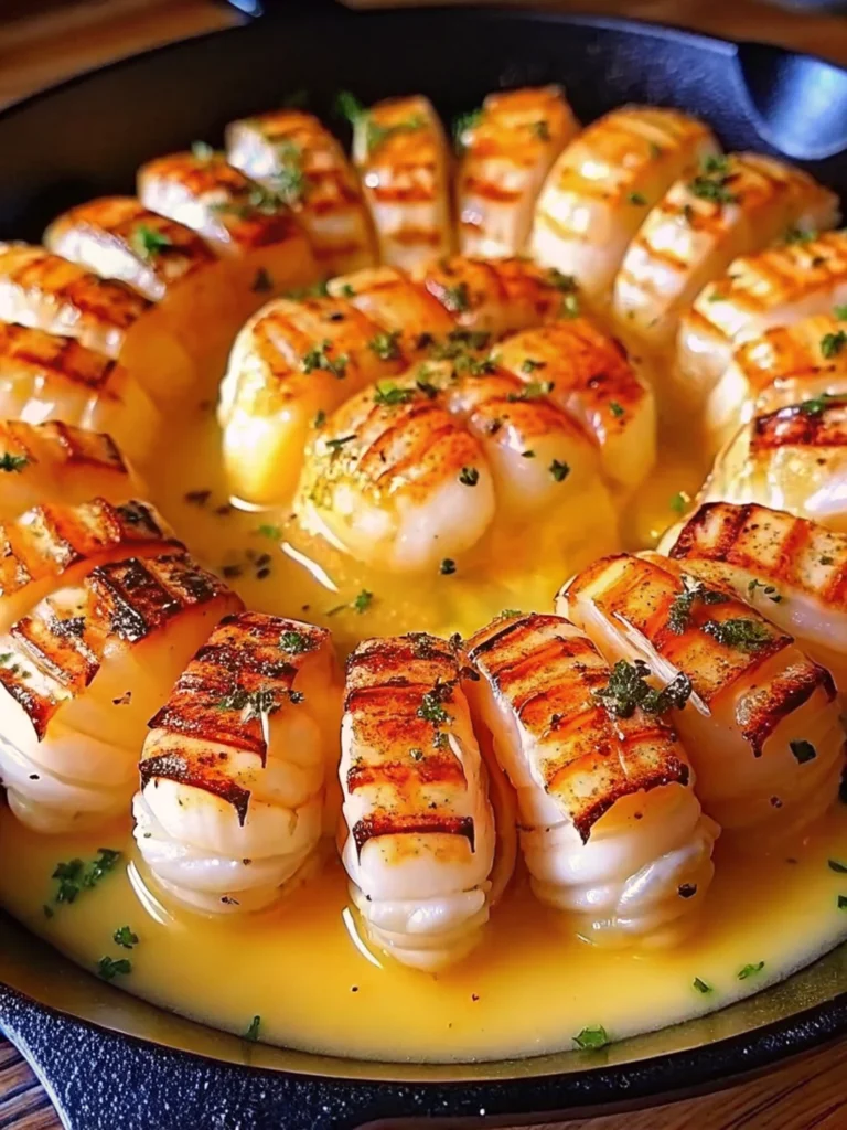 Golden, oven-baked garlic butter lobster tails arranged in a skillet, topped with fresh parsley and served in a rich, buttery sauce.
