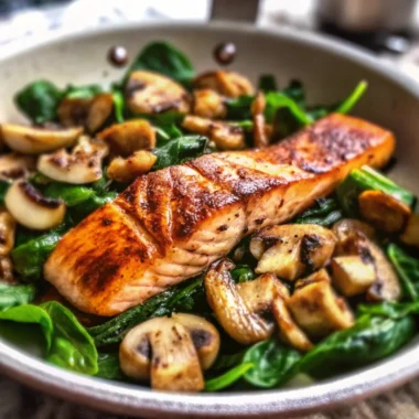 Garlic butter salmon fillet served on a bed of sautéed mushrooms and fresh spinach, showcasing a vibrant and healthy salmon mushroom recipe.