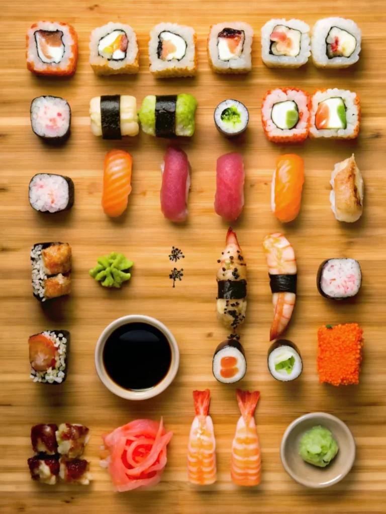 A colorful assortment of sushi rolls and nigiri, including shrimp tempura roll, salmon nigiri, tuna rolls, and assorted maki, neatly arranged on a wooden board with a dish of soy sauce, wasabi, and pickled ginger.