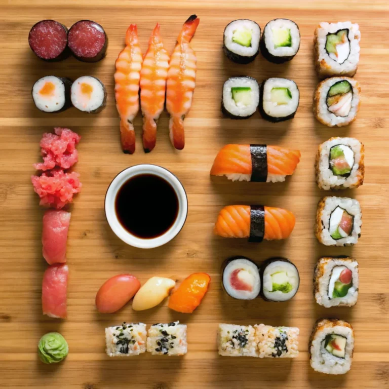 A colorful assortment of sushi rolls and nigiri, including shrimp tempura roll, salmon nigiri, tuna rolls, and assorted maki, neatly arranged on a wooden board with a dish of soy sauce, wasabi, and pickled ginger.