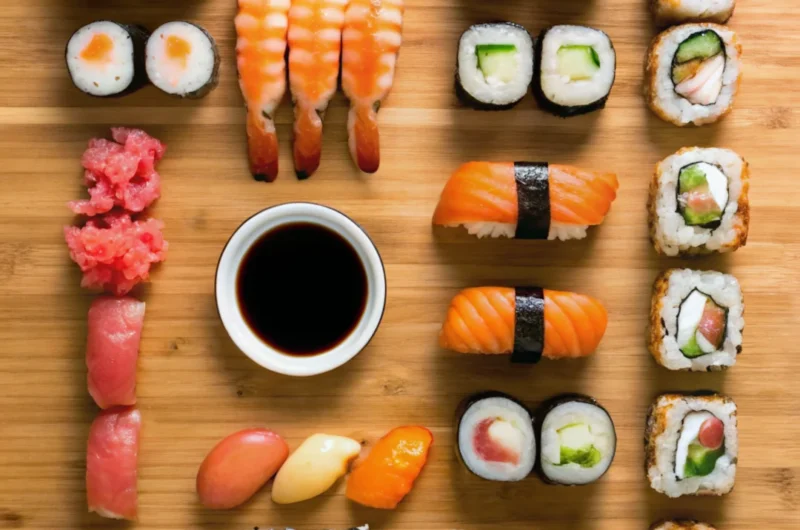 A colorful assortment of sushi rolls and nigiri, including shrimp tempura roll, salmon nigiri, tuna rolls, and assorted maki, neatly arranged on a wooden board with a dish of soy sauce, wasabi, and pickled ginger.