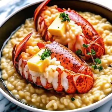 Lobster and risotto served in a bowl, featuring two lobster tails on creamy Arborio rice, topped with butter cubes and garnished with fresh parsley.