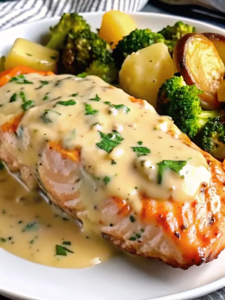 Lemon butter salmon dinner ideas with crispy roasted potatoes and steamed broccoli on white plate