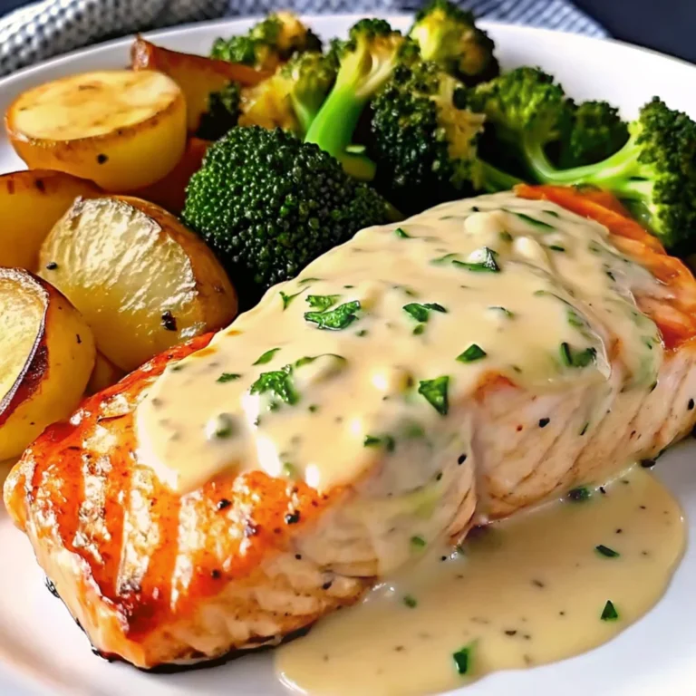 Lemon butter salmon dinner ideas with crispy roasted potatoes and steamed broccoli on white plate