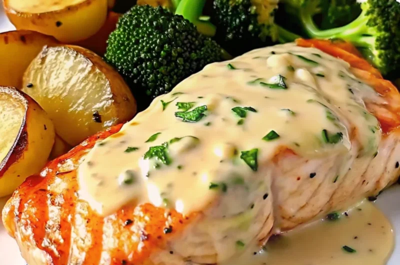 Lemon butter salmon dinner ideas with crispy roasted potatoes and steamed broccoli on white plate