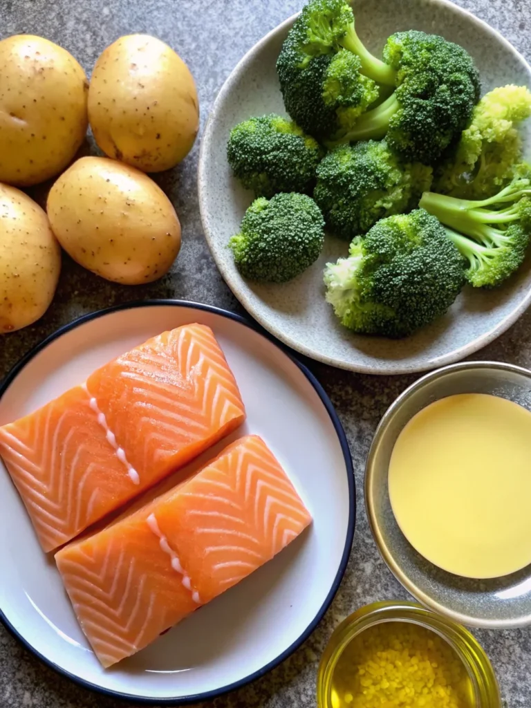 Lemon butter salmon dinner ideas with crispy roasted potatoes and steamed broccoli on white plate