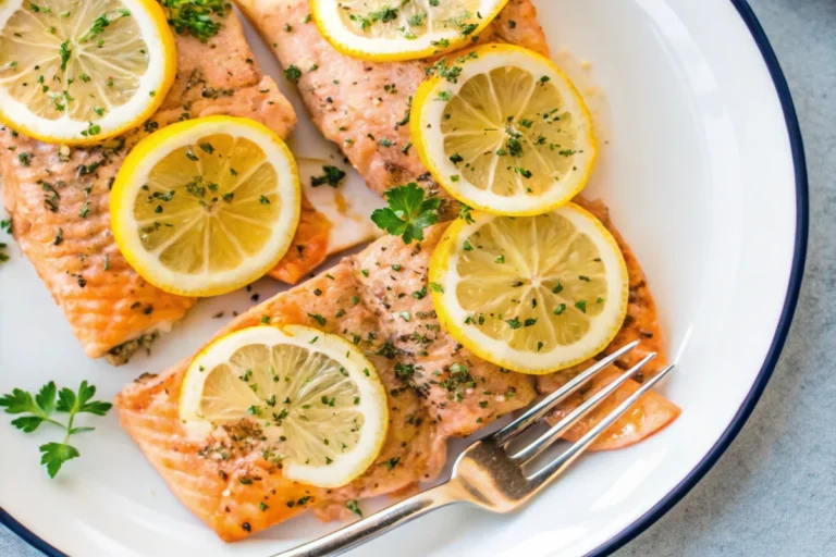 Oven-baked lemon pepper salmon fillets topped with fresh lemon slices and sprinkled with herbs, served on a white plate with a silver fork.