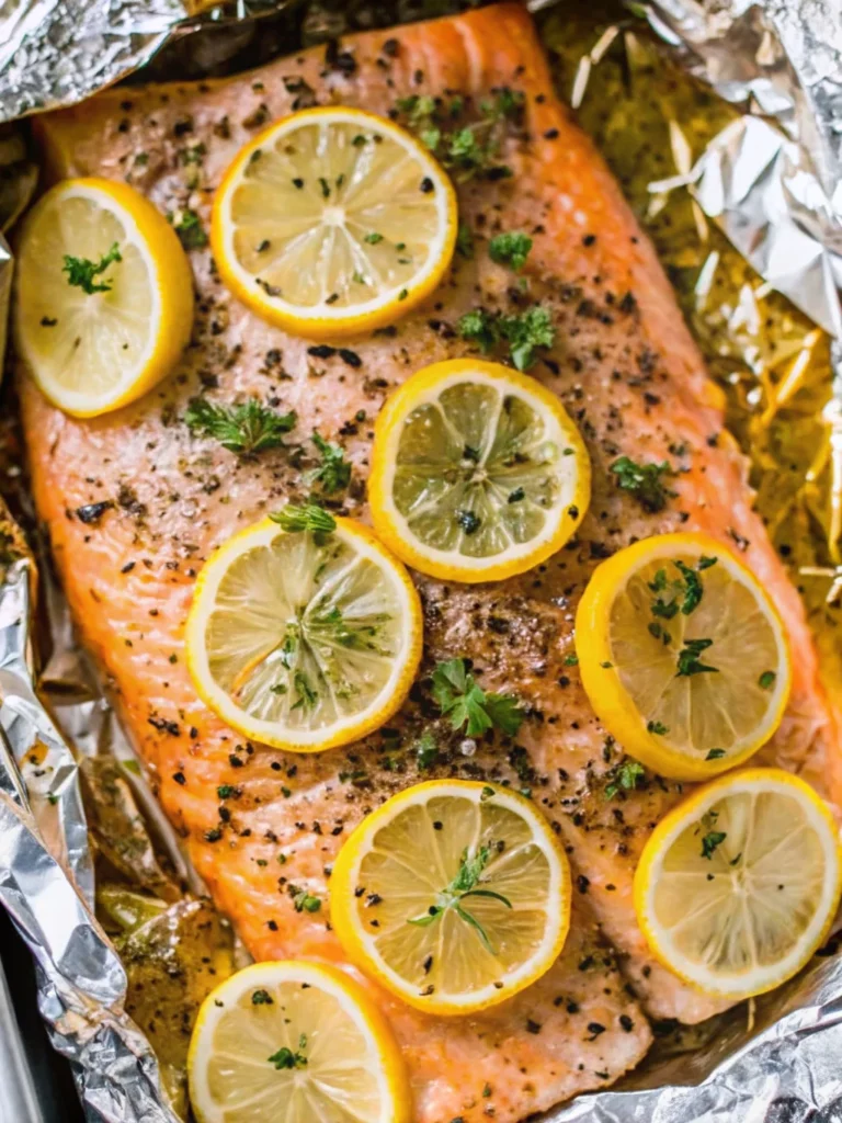 Oven-baked lemon pepper salmon fillets topped with fresh lemon slices and sprinkled with herbs, served on a white plate with a silver fork.