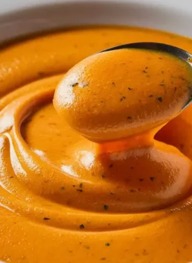 Rich, creamy seafood boil sauce with a smooth orange texture, served in a white bowl and garnished with herbs.
