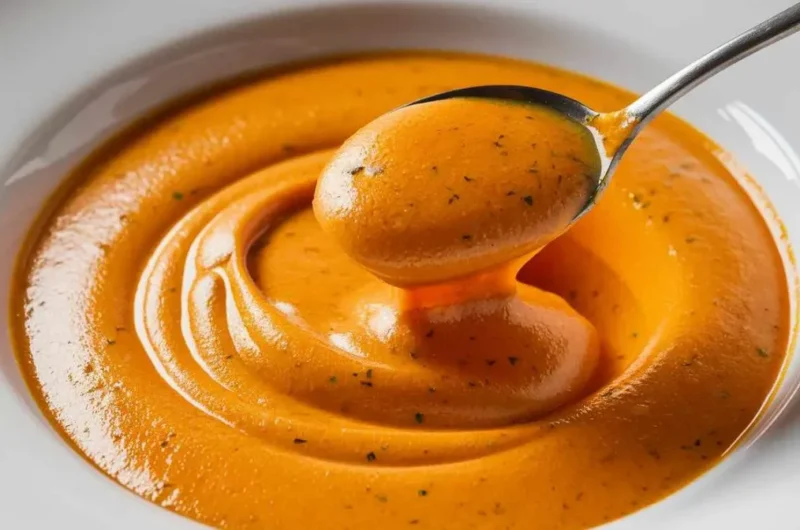 Rich, creamy seafood boil sauce with a smooth orange texture, served in a white bowl and garnished with herbs.