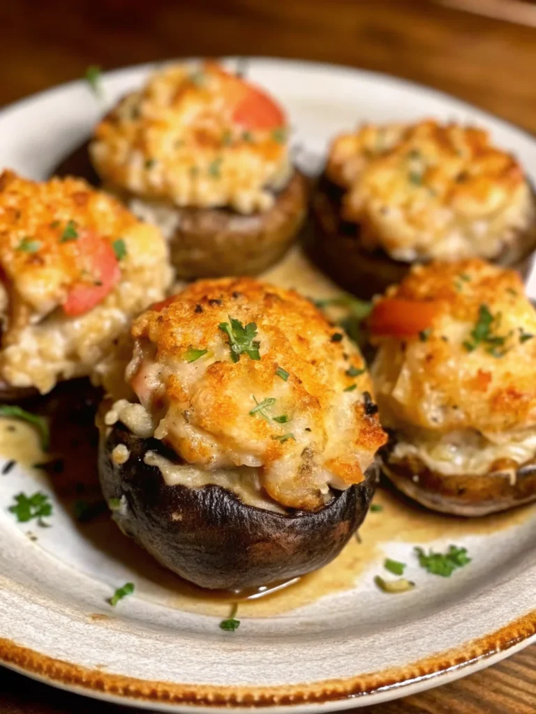 Close-up of Red Lobster Crab Stuffed Mushrooms, golden-baked and overflowing with creamy crab filling, garnished with fresh herbs on a white plate.