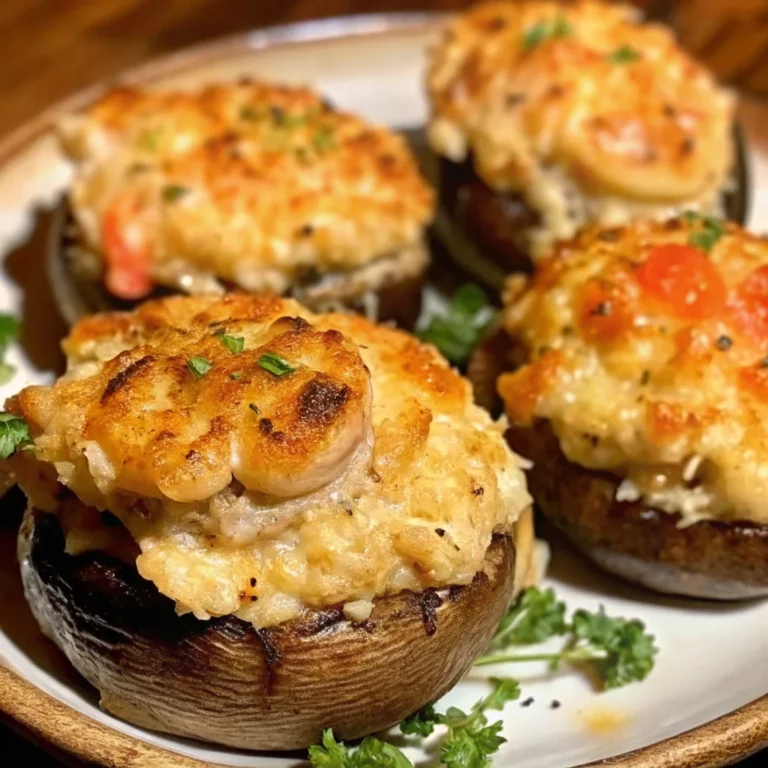 Close-up of Red Lobster Crab Stuffed Mushrooms, golden-baked and overflowing with creamy crab filling, garnished with fresh herbs on a white plate.