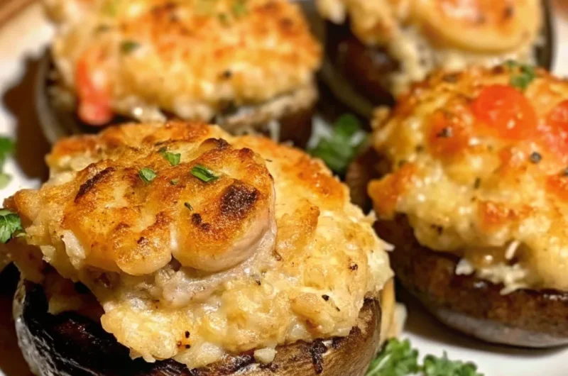 Close-up of Red Lobster Crab Stuffed Mushrooms, golden-baked and overflowing with creamy crab filling, garnished with fresh herbs on a white plate.
