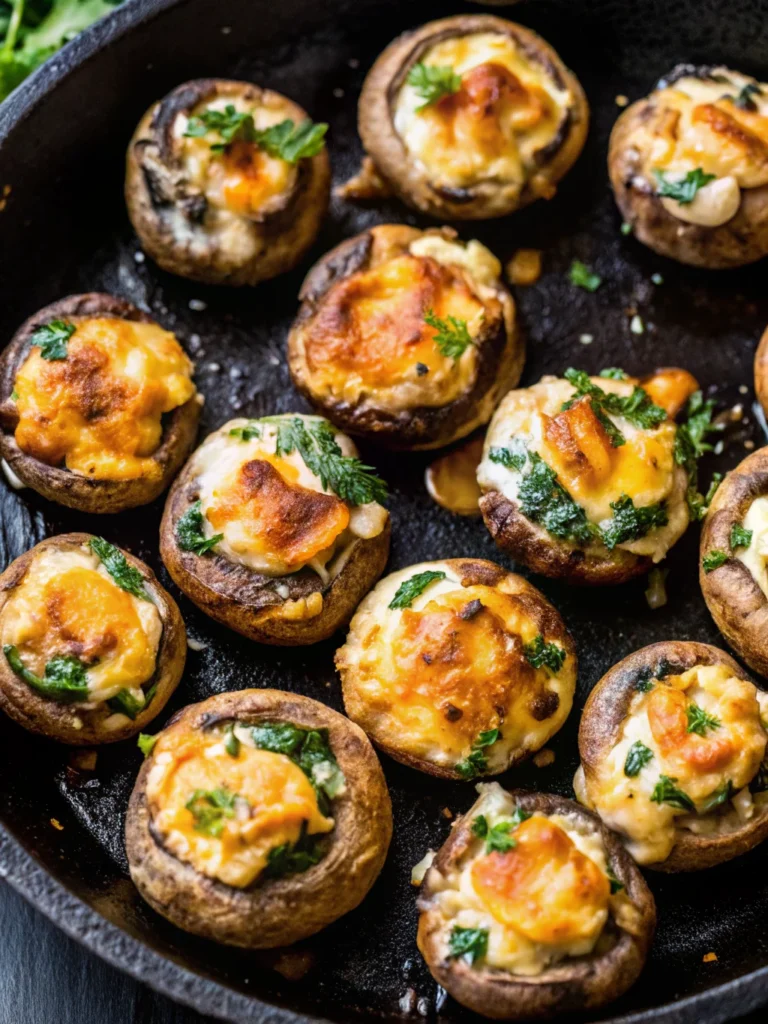Close-up of Red Lobster Crab Stuffed Mushrooms, golden-baked and overflowing with creamy crab filling, garnished with fresh herbs on a white plate.