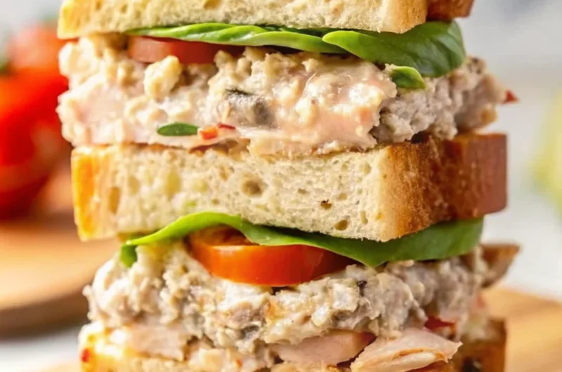 Close-up of a stacked tuna sandwich made with sourdough bread, fresh spinach, tomato slices, cucumber, and creamy tuna filling.