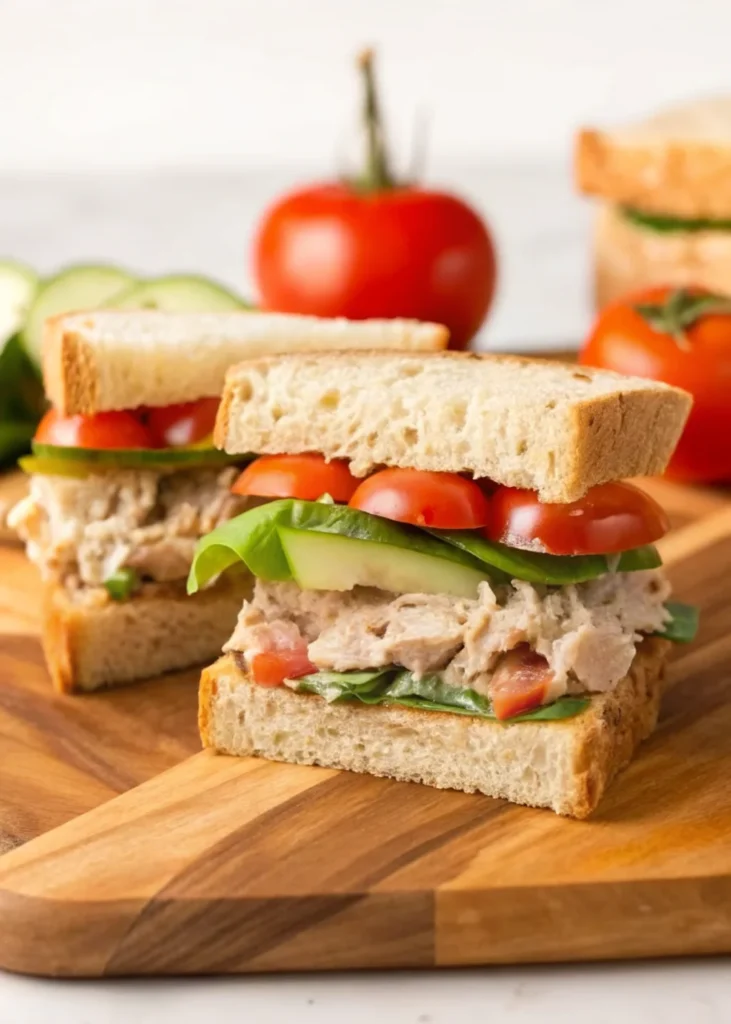 Close-up of a stacked tuna sandwich made with sourdough bread, fresh spinach, tomato slices, cucumber, and creamy tuna filling.