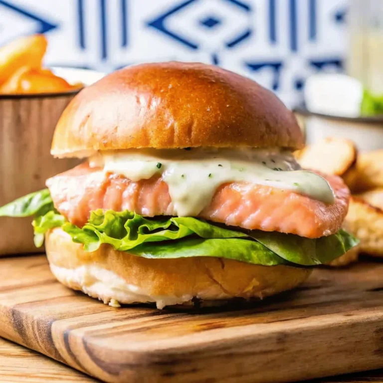 Salmon sandwich recipe featuring a grilled salmon fillet, fresh butter lettuce, and creamy herb mayonnaise on a toasted brioche bun, served on a wooden board.