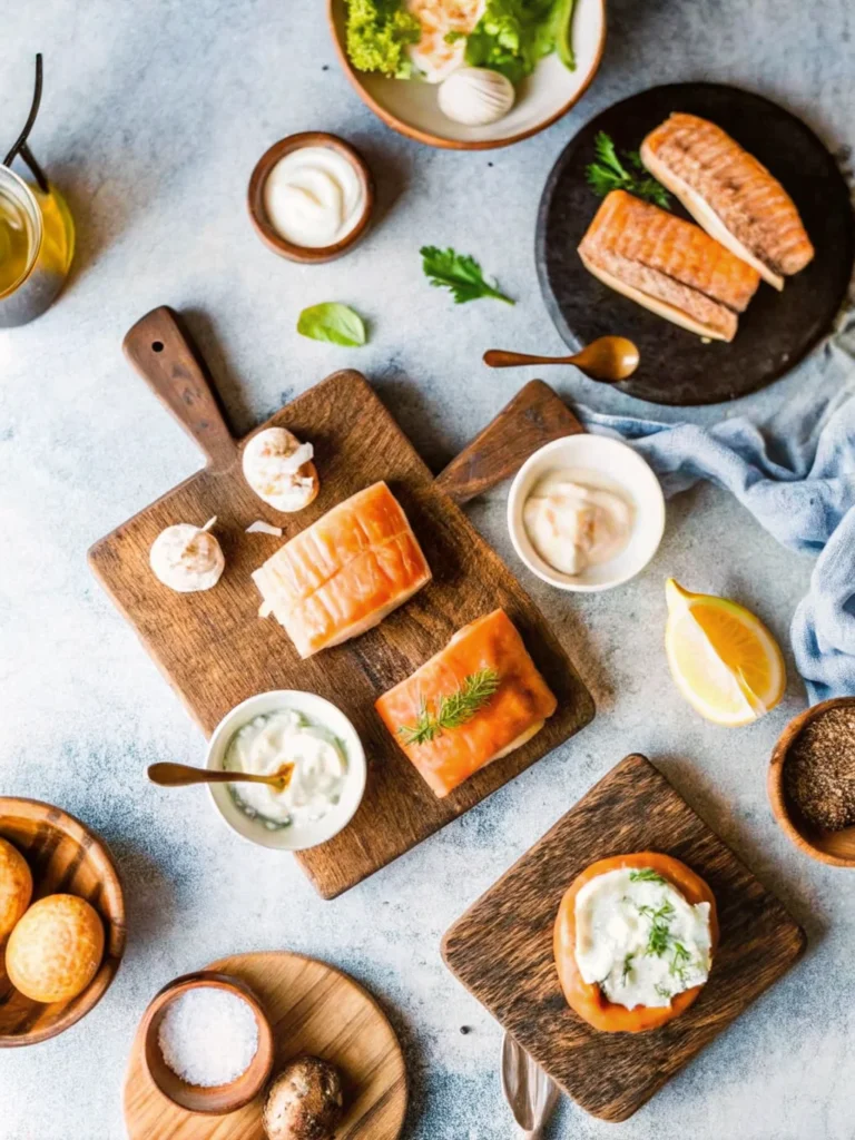 Salmon sandwich recipe featuring a grilled salmon fillet, fresh butter lettuce, and creamy herb mayonnaise on a toasted brioche bun, served on a wooden board.