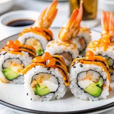 Shrimp tempura sushi rolls with avocado, cream cheese, and spicy mayo on a white plate