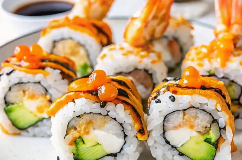 Shrimp tempura sushi rolls with avocado, cream cheese, and spicy mayo on a white plate