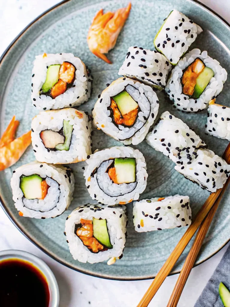 Shrimp tempura sushi rolls with avocado, cream cheese, and spicy mayo on a white plate