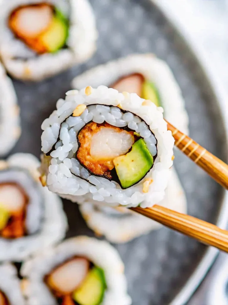 Shrimp tempura sushi rolls with avocado, cream cheese, and spicy mayo on a white plate