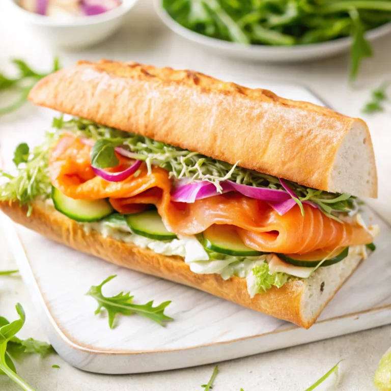 Smoked salmon sandwich on a crusty baguette with cucumber, arugula, red onion, sprouts, and herby cream cheese spread.