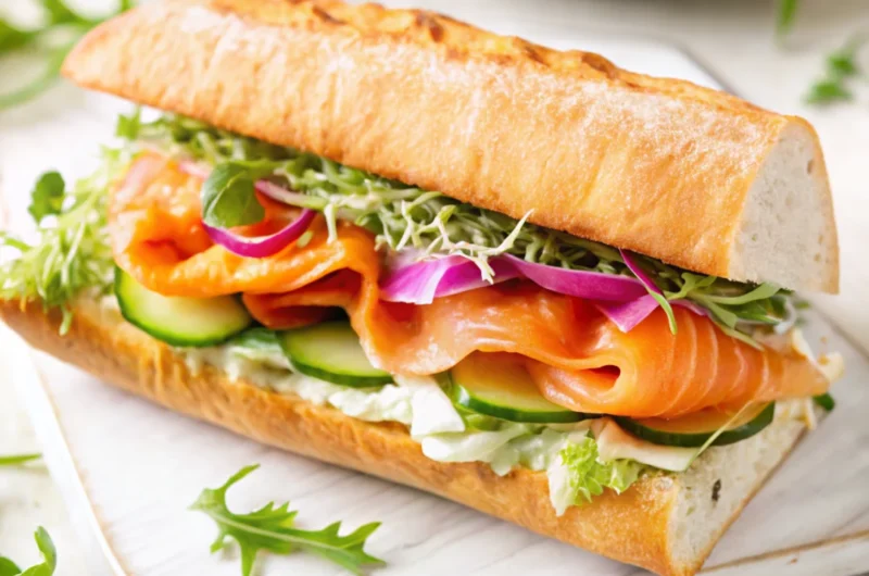 Smoked salmon sandwich on a crusty baguette with cucumber, arugula, red onion, sprouts, and herby cream cheese spread.