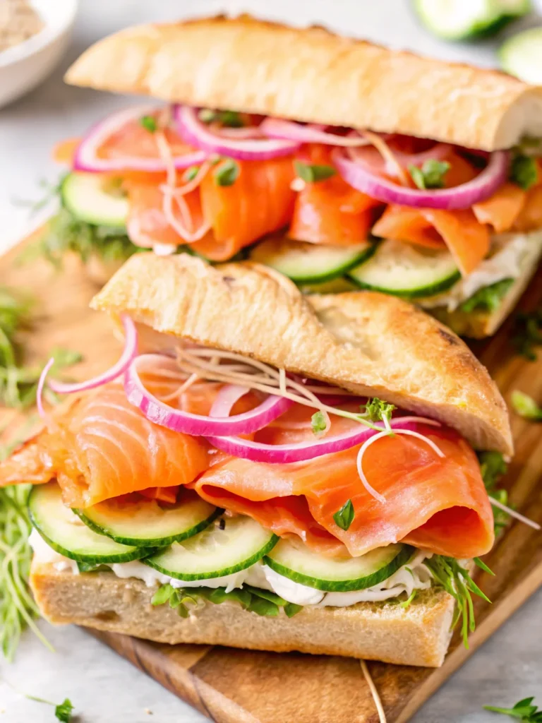 Smoked salmon sandwich on a crusty baguette with cucumber, arugula, red onion, sprouts, and herby cream cheese spread.