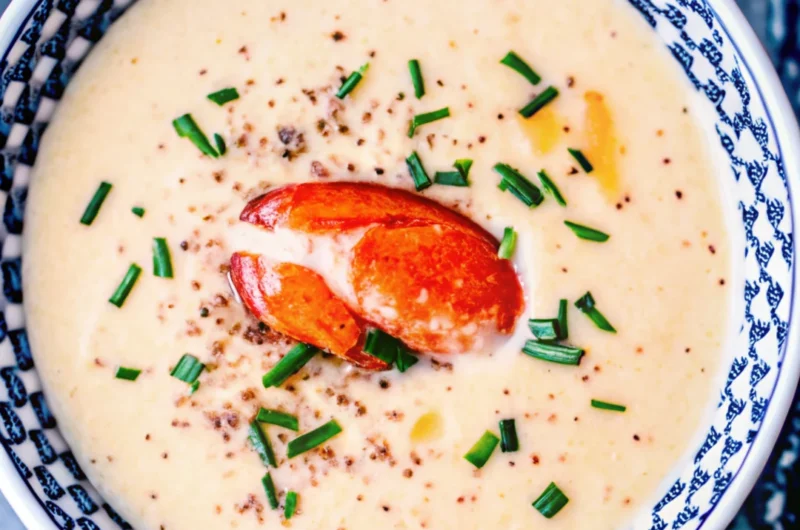Creamy lobster bisque in a patterned bowl, garnished with a lobster claw, chopped chives, and cracked black pepper.