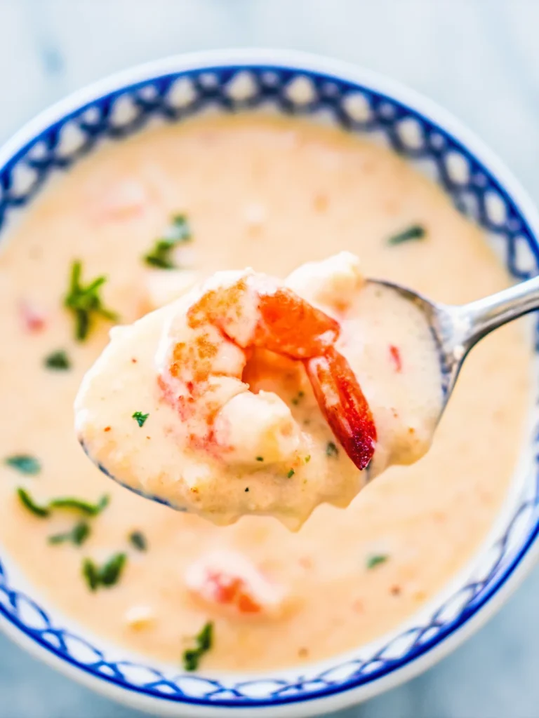 Creamy lobster bisque in a patterned bowl, garnished with a lobster claw, chopped chives, and cracked black pepper.