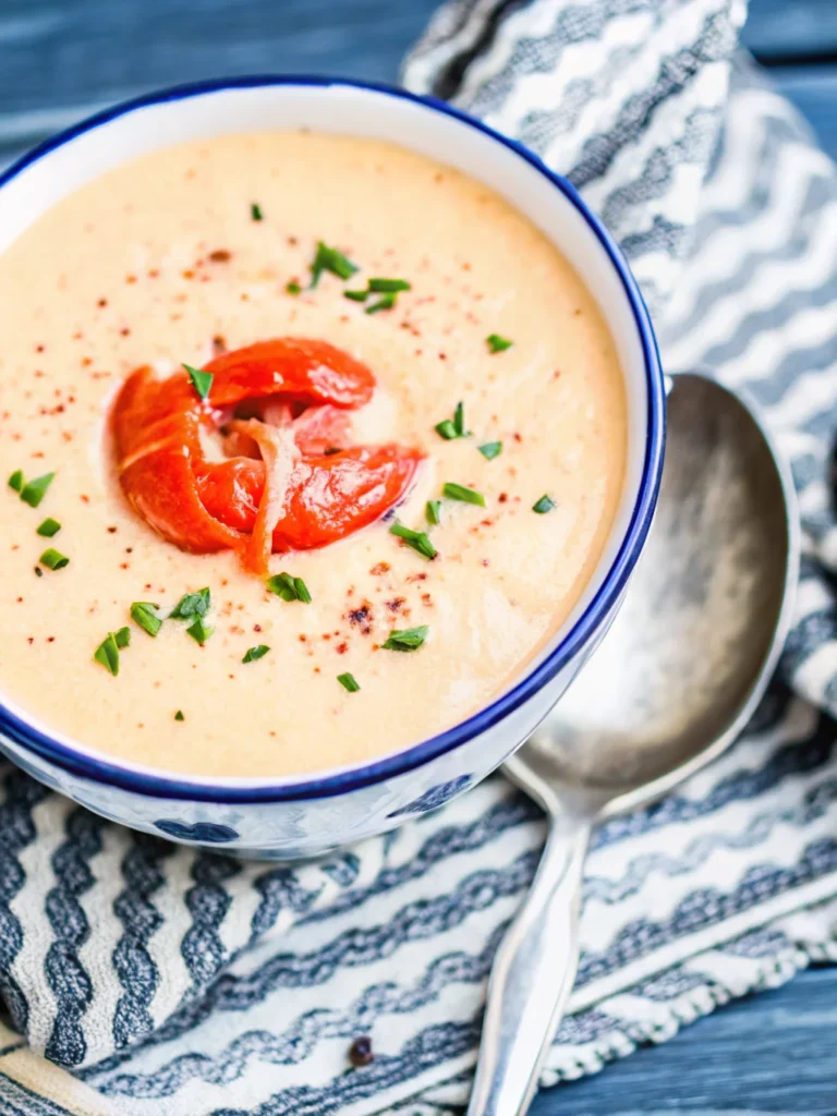 Creamy lobster bisque in a patterned bowl, garnished with a lobster claw, chopped chives, and cracked black pepper.