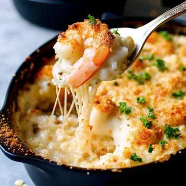 Cheesy shrimp casserole with golden crust and fresh parsley served in a skillet