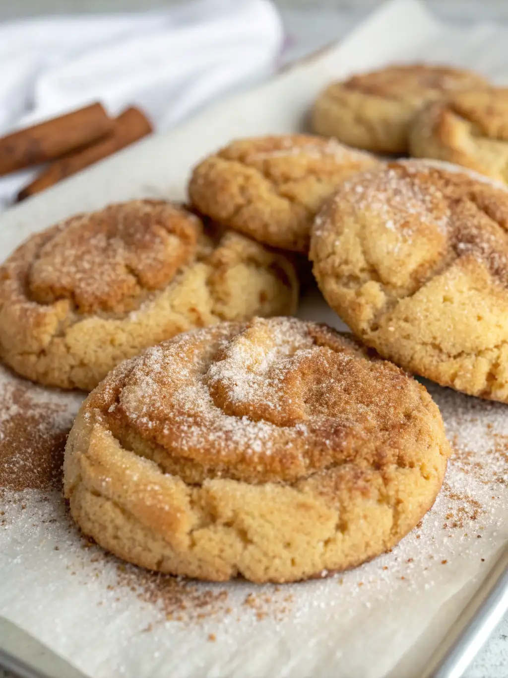 A delicious plate of Churro Crinkle Cookies with Cinnamon Sugar