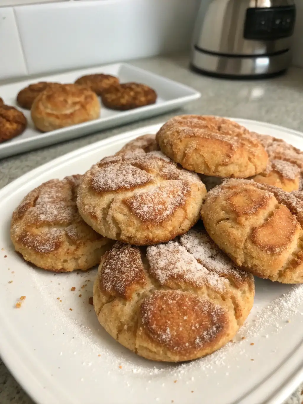 A delicious plate of Churro Crinkle Cookies with Cinnamon Sugar