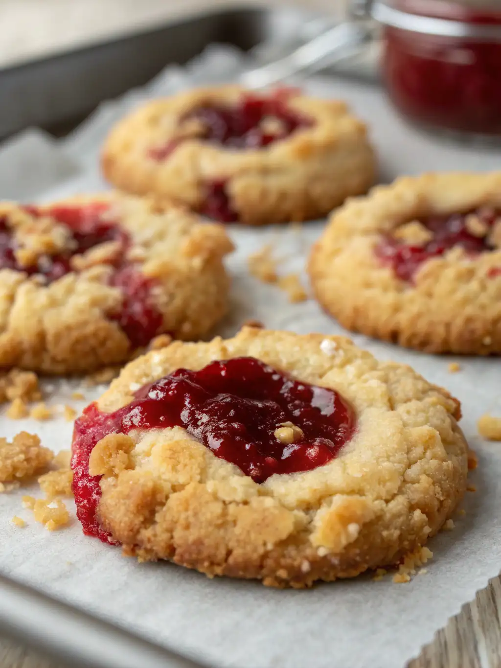 A delicious plate of Indulgent Buttery Raspberry Crumble Cookies with Jam Filling