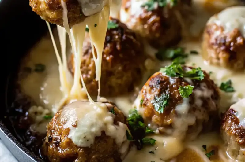 A delicious plate of French Onion Meatballs