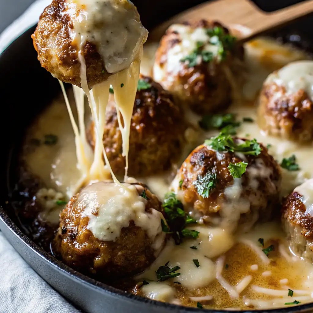 A delicious plate of French Onion Meatballs