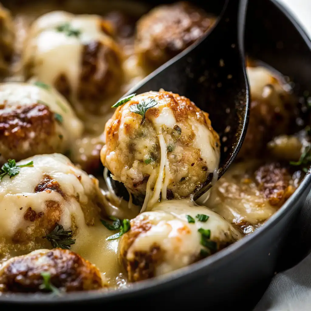 A delicious plate of French Onion Meatballs