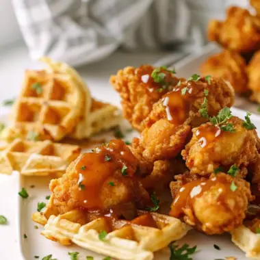 A delicious plate of Mini Chicken & Waffles Bites with Hot Honey