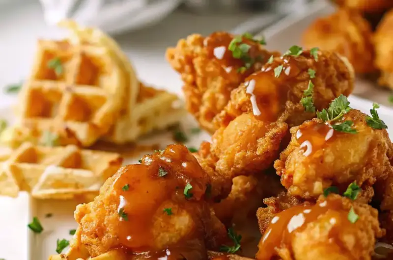 A delicious plate of Mini Chicken & Waffles Bites with Hot Honey
