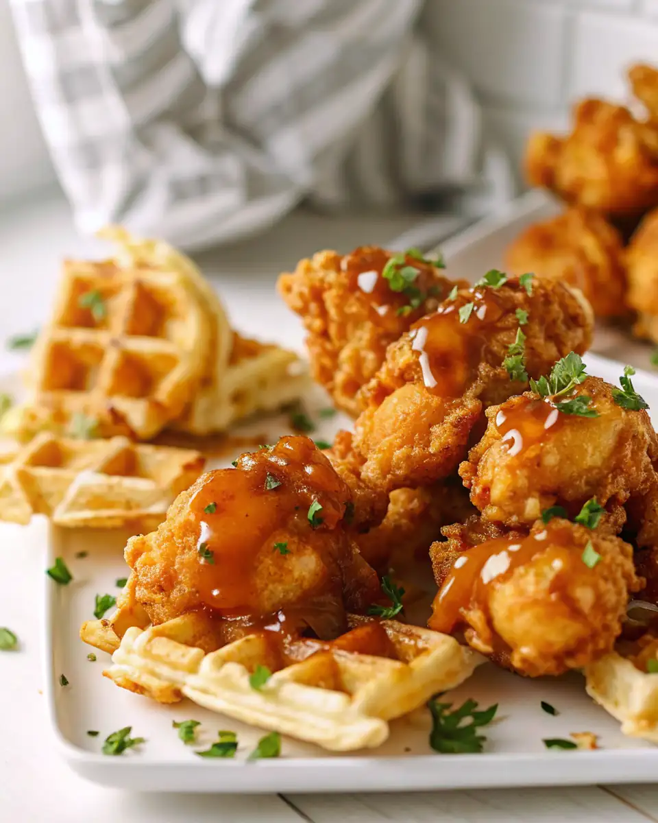 A delicious plate of Mini Chicken & Waffles Bites with Hot Honey