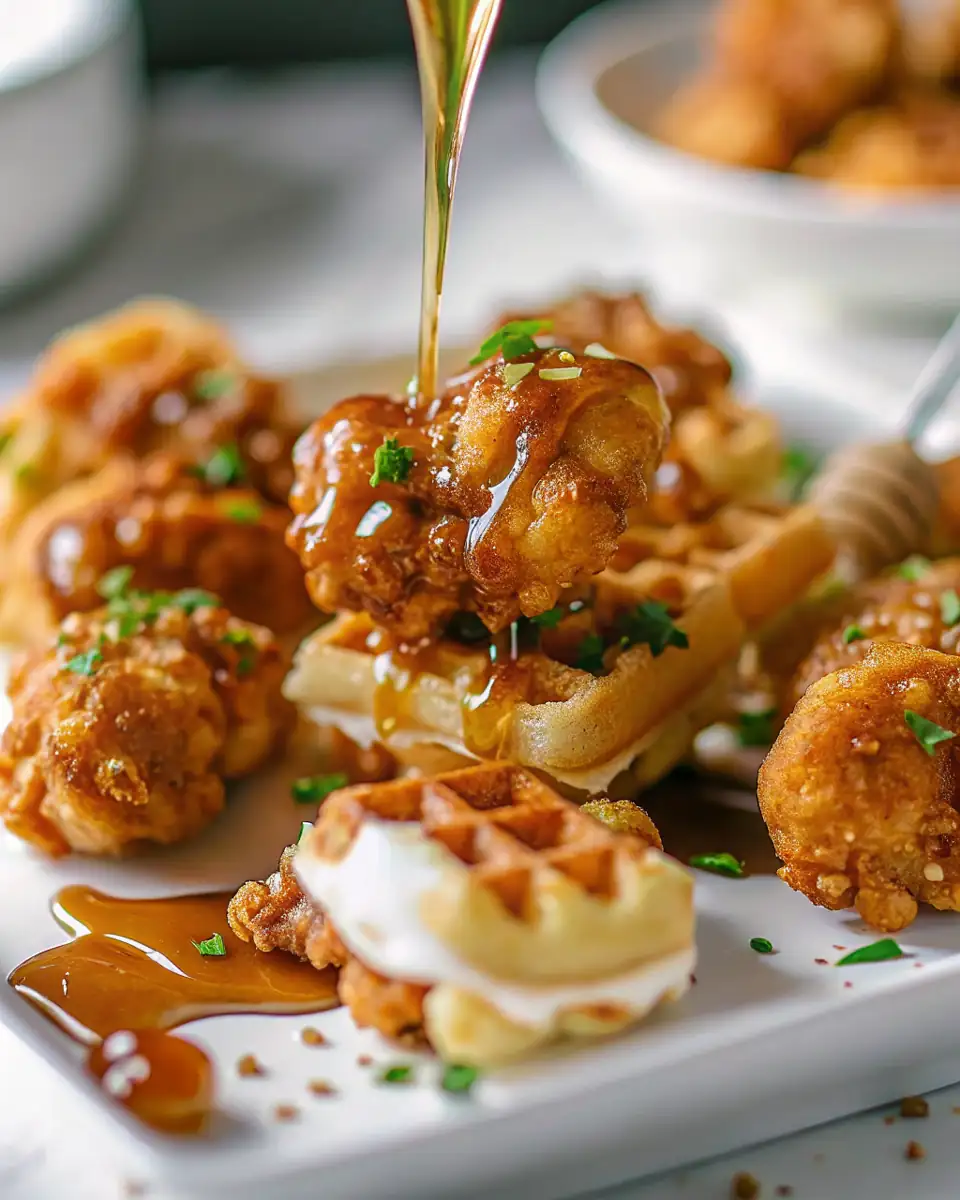 A delicious plate of Mini Chicken & Waffles Bites with Hot Honey
