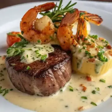 A delicious plate of Surf and Turf with Creamy Garlic Sauce