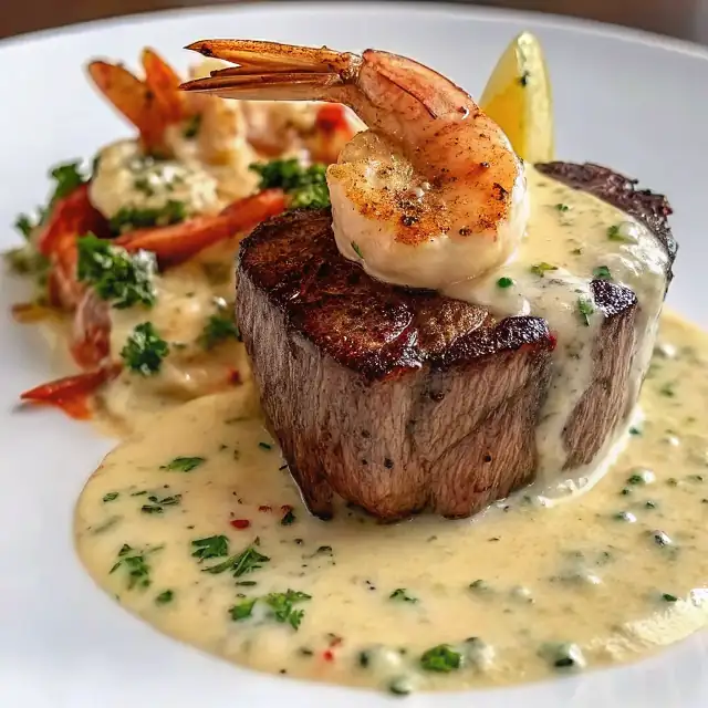 A delicious plate of Surf and Turf with Creamy Garlic Sauce