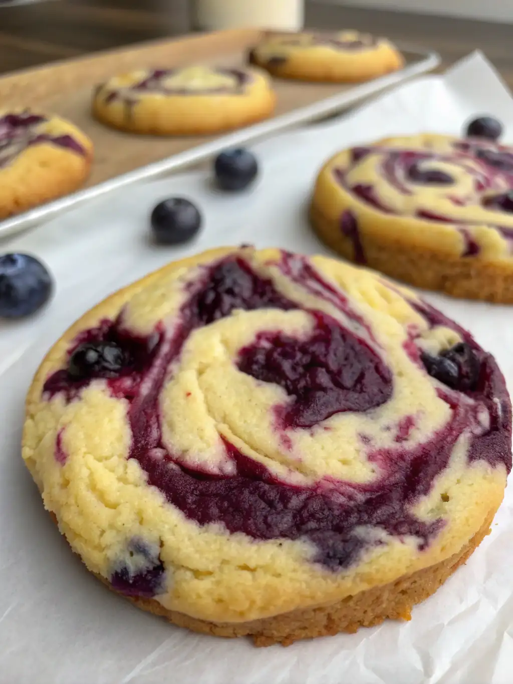 A delicious plate of Blueberry Cheesecake Swirl Cookie