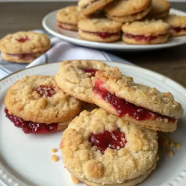 A delicious plate of Indulgent Buttery Raspberry Crumble Cookies with Jam Filling