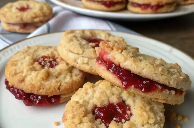 A delicious plate of Indulgent Buttery Raspberry Crumble Cookies with Jam Filling